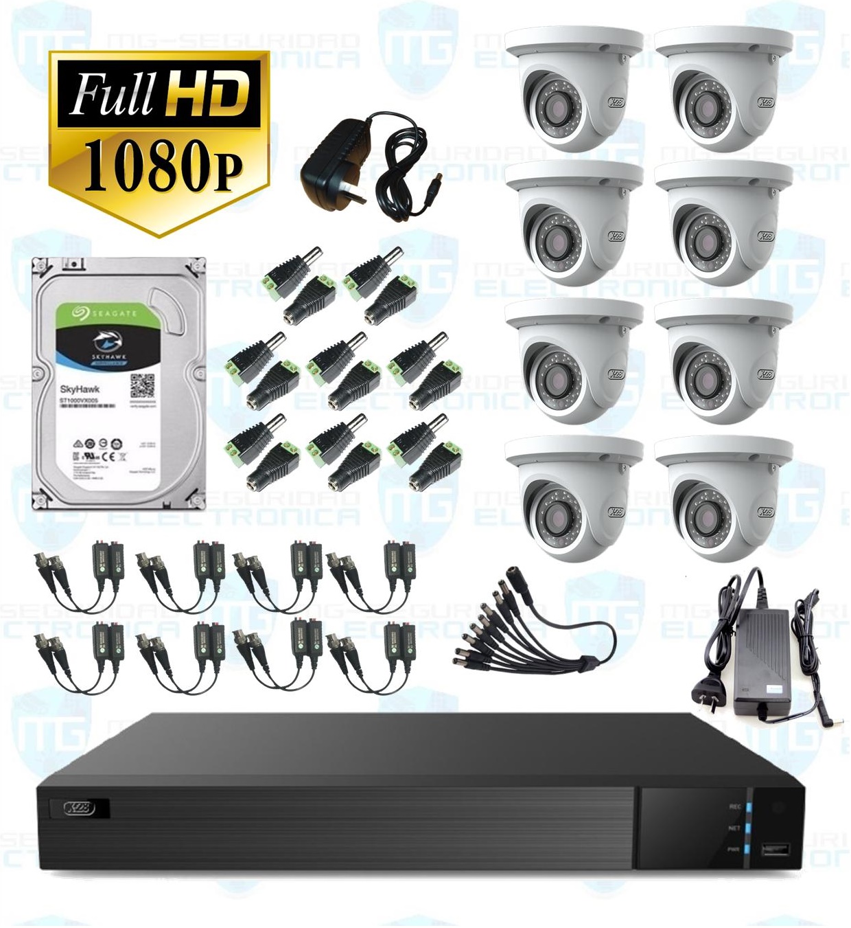 DVR, disco 2 TB, 8 cámaras minidomo, balunes, fuente centralizada y conectores.